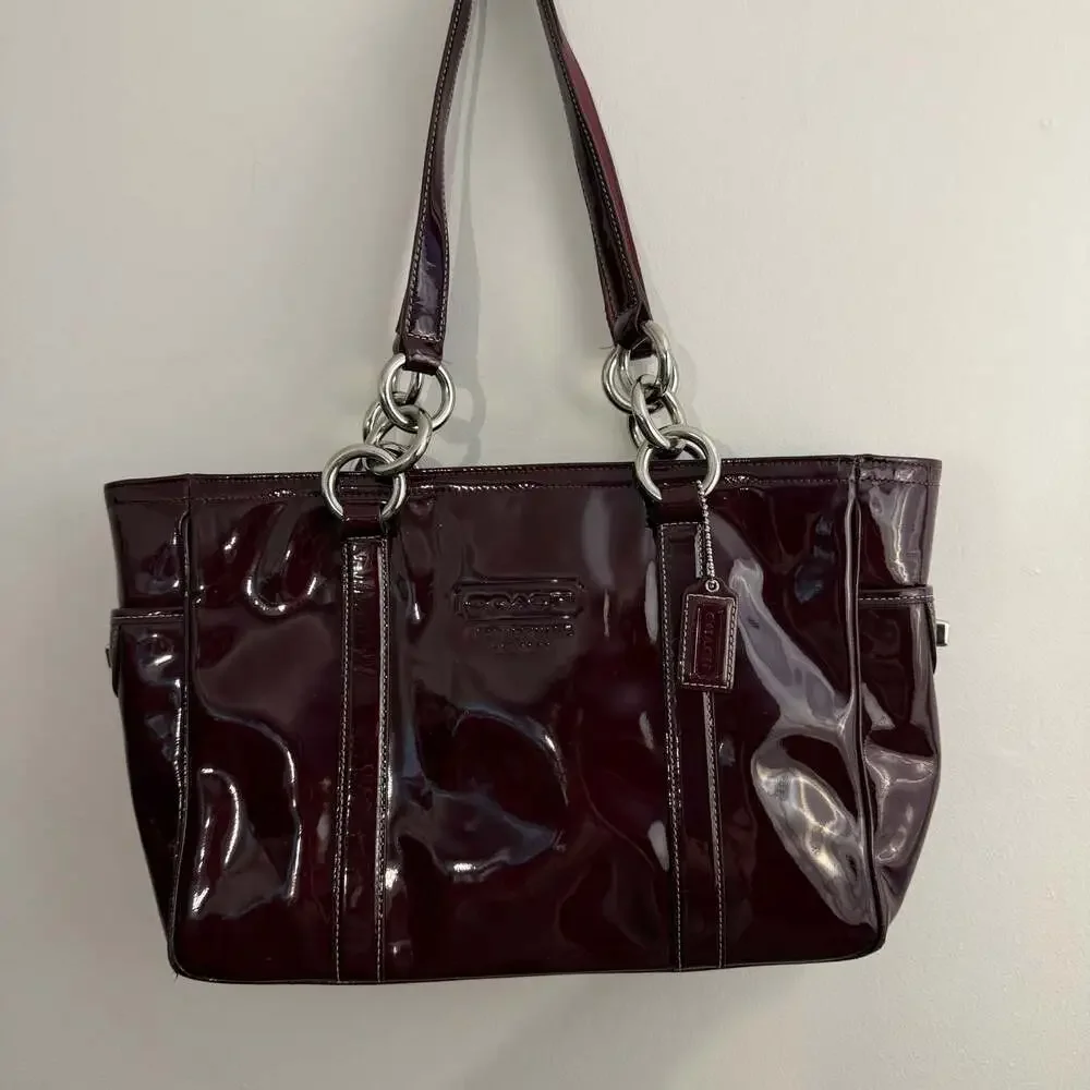 Coach Burgundy Patent Leather Tote Bag with Turnlock Pockets